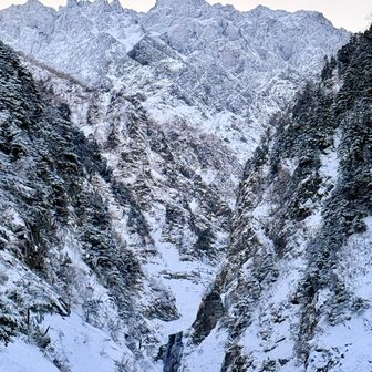 滝谷ドームを正面から眺める。
穂高の氷壁に見とれます