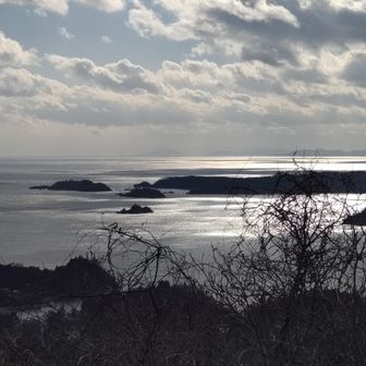 大前見島、大島竜舞崎の上、海の上に浮かぶ金華山が見えました、写真ではよくわかりません🤷