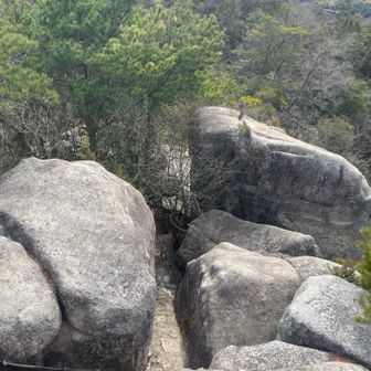 この細いところを降りるが、スニーカーでは滑る