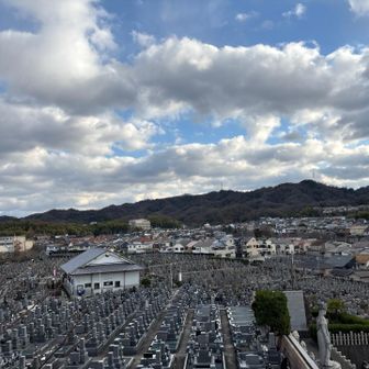高岡山からの景色
手前に見えているのはお墓🪦ですが💦
たぶん、向こうに見えている山並みが星田連山だと思うんだけど？