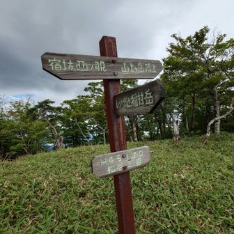 松清小屋の前の小屋番
松谷三男さん(みつじい)の手による案内板