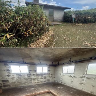 避難小屋へ🪰３頭を同伴入室。石材コンクリ壁ゆえ室内は外より高温、直ぐ脱出。🪰を置き去りに👍　
♬また逢う日まで〜逢える時まで〜