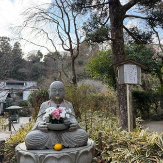 花想い地蔵、可愛い。
天園ハイキングコースの途中辺りで多数の首なし地蔵が集まったやぐら見てきた後だから、なおさら可愛い…(あれ、本当に怖かったな。「百鬼夜行抄」とか「金田一少年の事件簿」に出てきそうなレベル(笑))