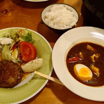 カレーの香りが食欲そそるし、ハンバーグが嬉しい晩御飯です