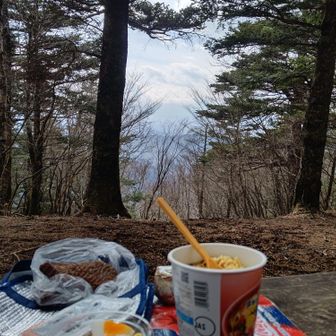 正面に富士山が・・・。ラーメン🍜とおにぎり🍙とサラダ🥗とかりんとう鯛焼き。かりんとう鯛焼きと言うことなので、カリカリと思っていたが、鯛焼きの表面に黒糖が塗って有るだけだった