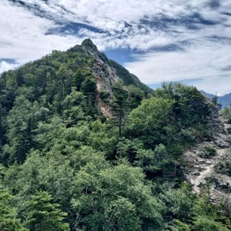 山頂までは、３回下ろされるアップダウンが挟まれる。
既に登頂を果たし、下山途中のゆうやまさんが見える。