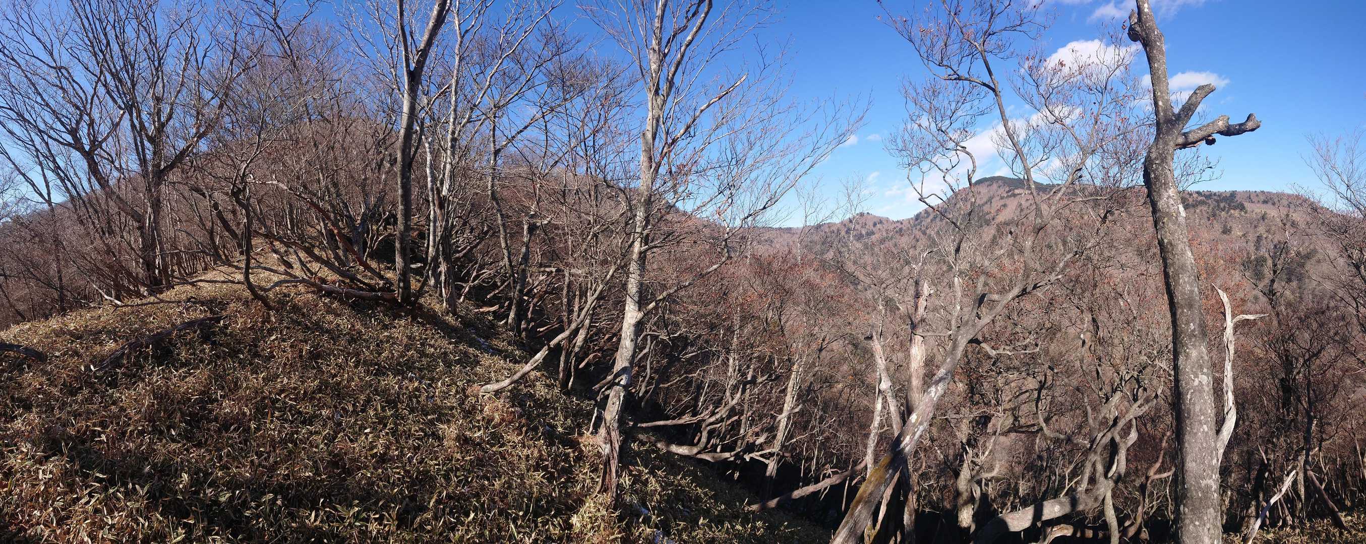 更に少し進んで、パノラマ撮影。
剣ヶ峰は八海山(右)の後ろにあって見えませんが、そこから左の釈迦ヶ岳へ続く尾根が認められます。