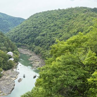 保津川下りと小倉山。