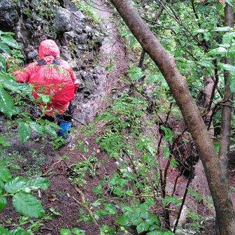 岩場のトラバース。谷川の木が崩落したので足場が靴の幅くらいしか有りません😱
慎重に進みます。