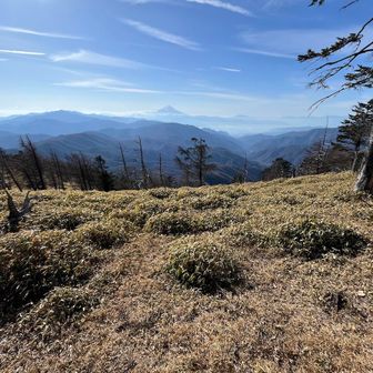 山頂標識の前の景色！画像よりも大きな富士山ど〜ん！ですよ。