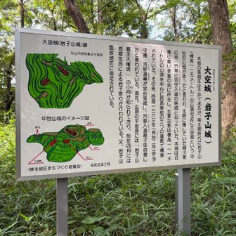 以下調べ
南北朝時代（1368年頃）、細川氏の武将である宍草出羽守が立て籠もった岩子山城（大空城）があった場所