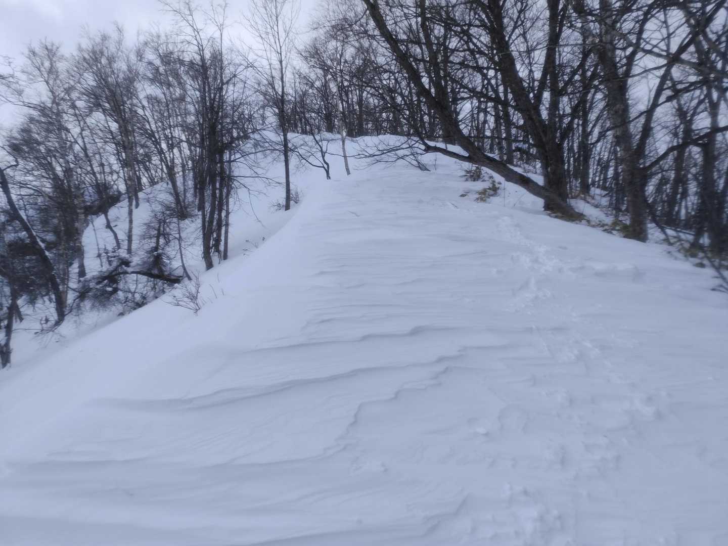 雪庇が昨日より成長中　この辺りが一番風強く地吹雪　
