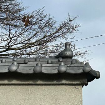 登山道入り口近くに鳩ぽっぽの瓦