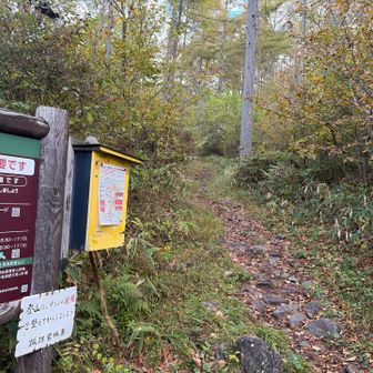 登山口、この先に左が西岳でトイレあり。右が編笠山