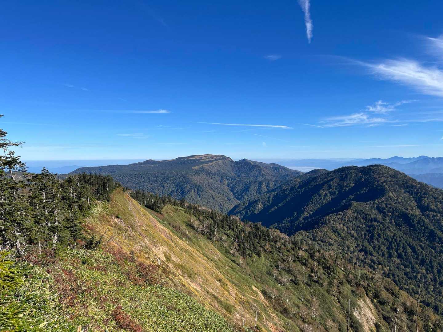 色付いた斜面と苗場山へと続く稜線