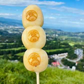 伊豆諸島を眺めてのお団子🍡醤油味
混んでてレジで醤油でいいですよね、って言われた。¥500
大室山のキャラが描いてるのは他の？見たかったな。

お腹ペコペコに染み渡る😆