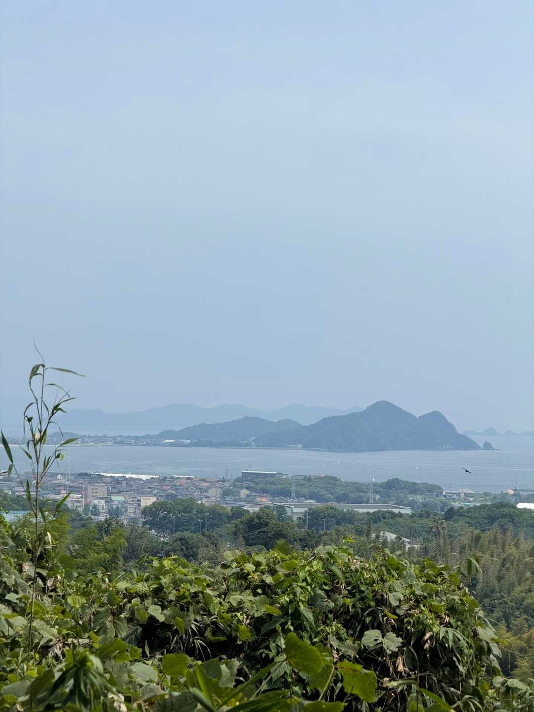下山途中に見えた、峨眉山。室積海水浴場沖で、ヨット、ボートの練習中ですね。