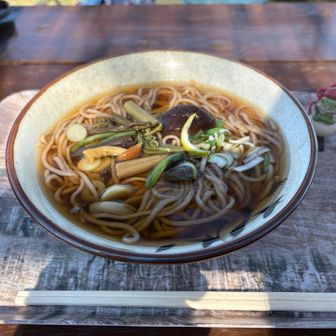 信玄茶屋にて山菜うどんを食べながら休憩。
どんぶりの右側にあるのは、今回からの山行のお供に加わった、無事カエル。