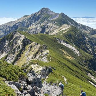 笠新道が終わって稜線との分岐に。突然現れた笠ヶ岳と稜線に、思わず一人感動の声を上げてしまう。山容、カッコ良過ぎる