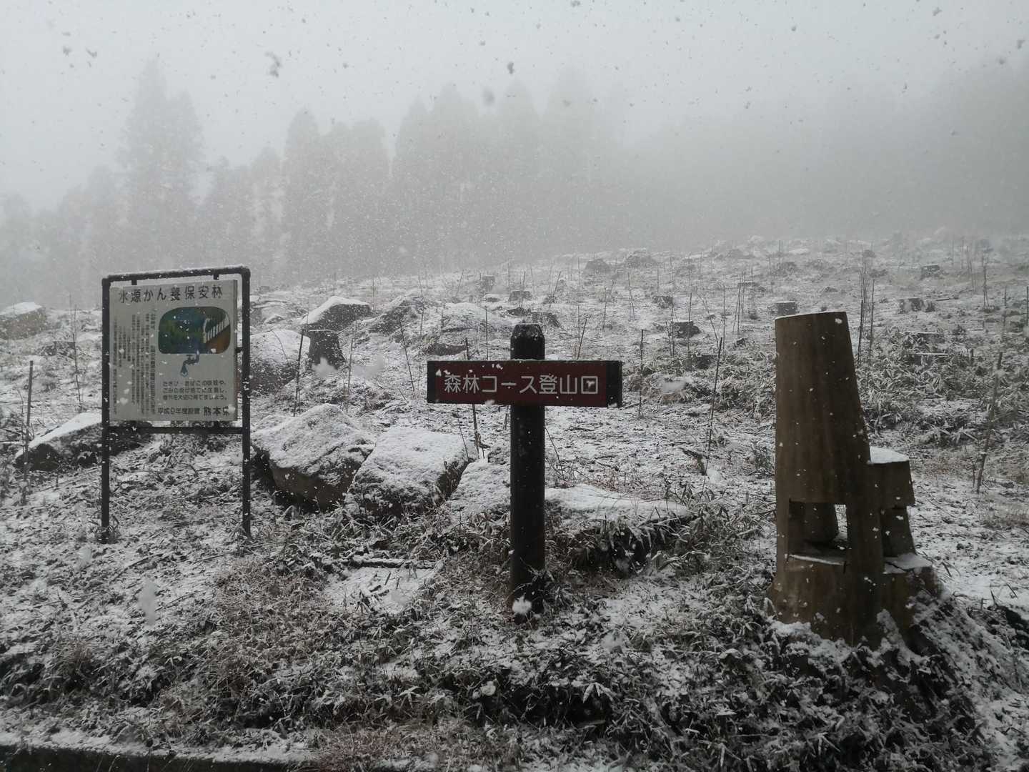 登山口も積雪。登山開始時とは大違い