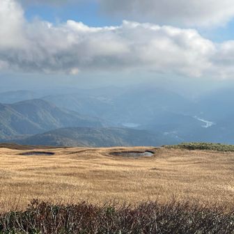 姥ヶ岳山頂の湿原の遥か先に月山湖が薄っすらと見えています😃