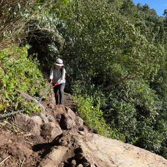 外輪山のトラバースは結構険しい道のり。