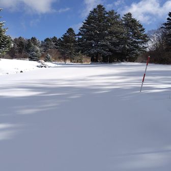 晴れてます。駐車場前の道路からスノーシュー装着です。