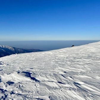 雪の地平線の向こうに、日本海の水平線が見える。
黄砂でどんよりしているが