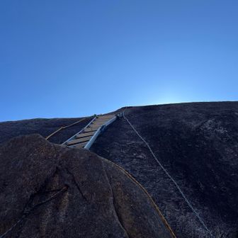 この梯子登るのか．．足がすくむ。下は崖だから身の危険を感じる
