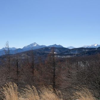 南アルプス右から仙丈ケ岳、北岳、鋸岳、甲斐駒ヶ岳、鳳凰三山の薬師岳