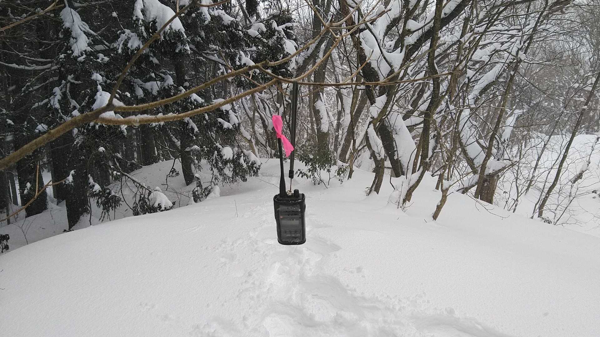 山頂のアマチュア無線機
三等三角点は雪の下。