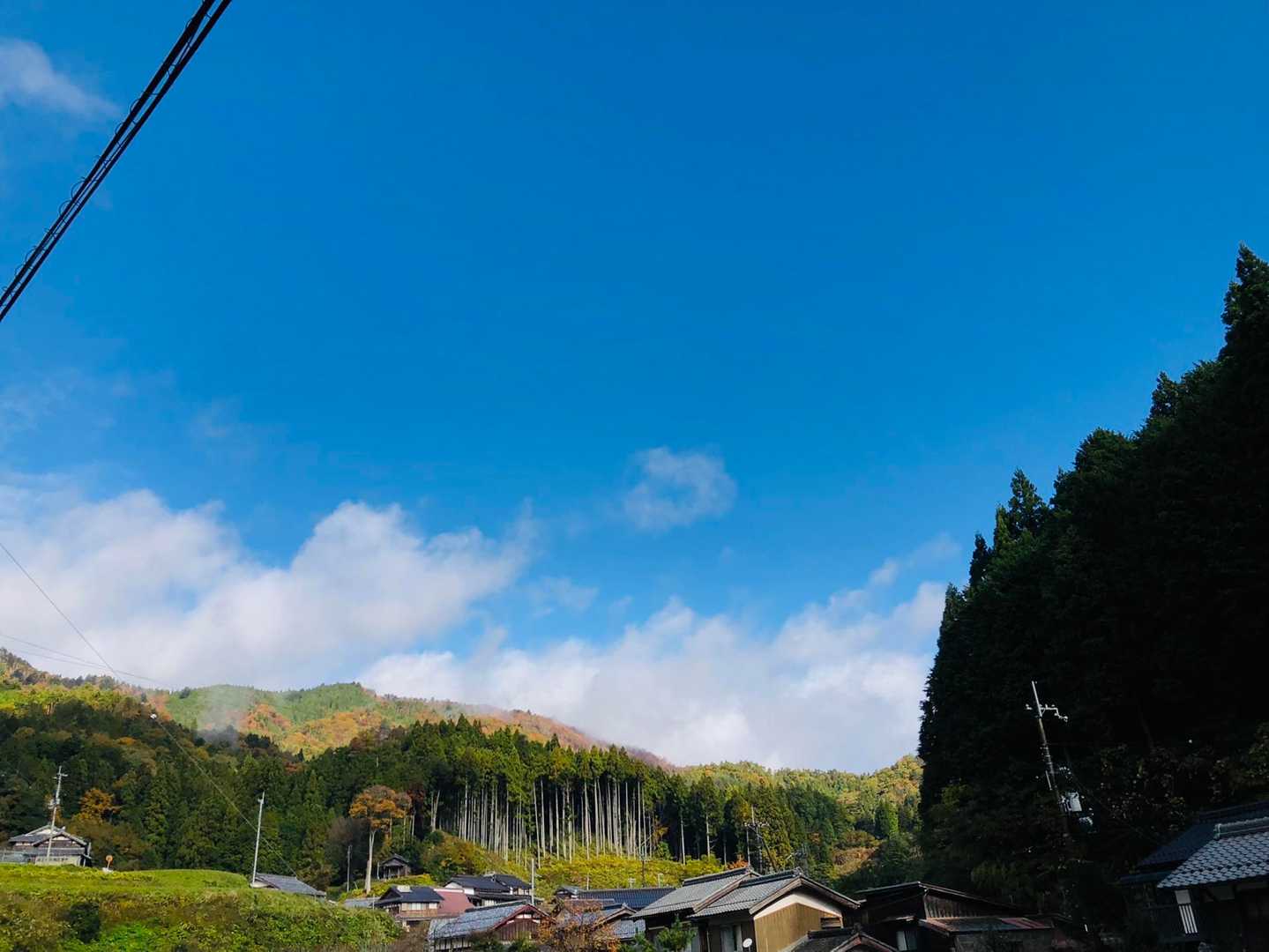 近江高島駅から登山口迄雨☔️でした…少し待ってると
この青空に！比良比叡のお山の紅葉🍁が鮮やか！