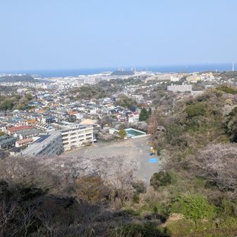 展望からの下は鷹取山小学校と左は野島山と八景島パラダイス風景