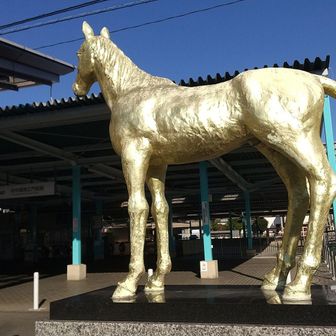 もうふたつ寝ると、午（うま）年のところ、思いがけず金色のデカい奴に出会いました。＠府中競馬正門前駅