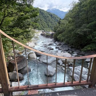 槍ヶ岳や穂高連峰などの山々から流れ出る急流、蒲田川（がまたがわ）