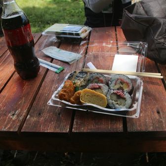竜神平まで下りてきて昼食です🍙
山頂より涼しいです♪

しかしコーラと寿司はやっぱり馴染まないです🥴