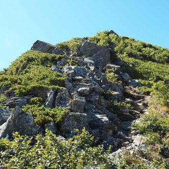 この岩下りて仙水峠へ