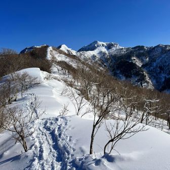 左寄りに見えるピークが獅子ヶ鼻山
右側が剣ヶ峰