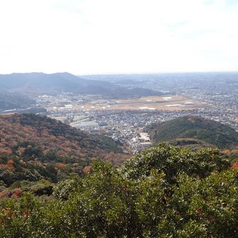 少し東に歩くと三角点がありその先の少し下りたところに西猿岩がある。
ややかすんでいたが、ここからの眺望は絶景。
眼下に赤岩寺が見え、左に花柄山、右に展望台の尾根、向こうの方にうっすらと岩屋山が見える。
