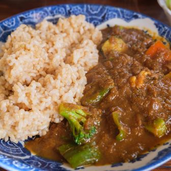 山料理つくったのに、
「夏への扉」で食べてしまった～。

でもおいしいです。
業務用レトルトで済ますのではなく、しっかり具材が溶け込んだ甘い野菜カレーです。
玄米なのもうれしいです。