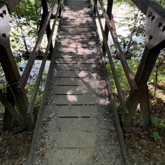 吊橋に到着
橋の中央に観光の方々かいらしたので写らないようにカシャ！
河原では大勢の方々か川遊びをしていました。
わぁ、涼しそう！