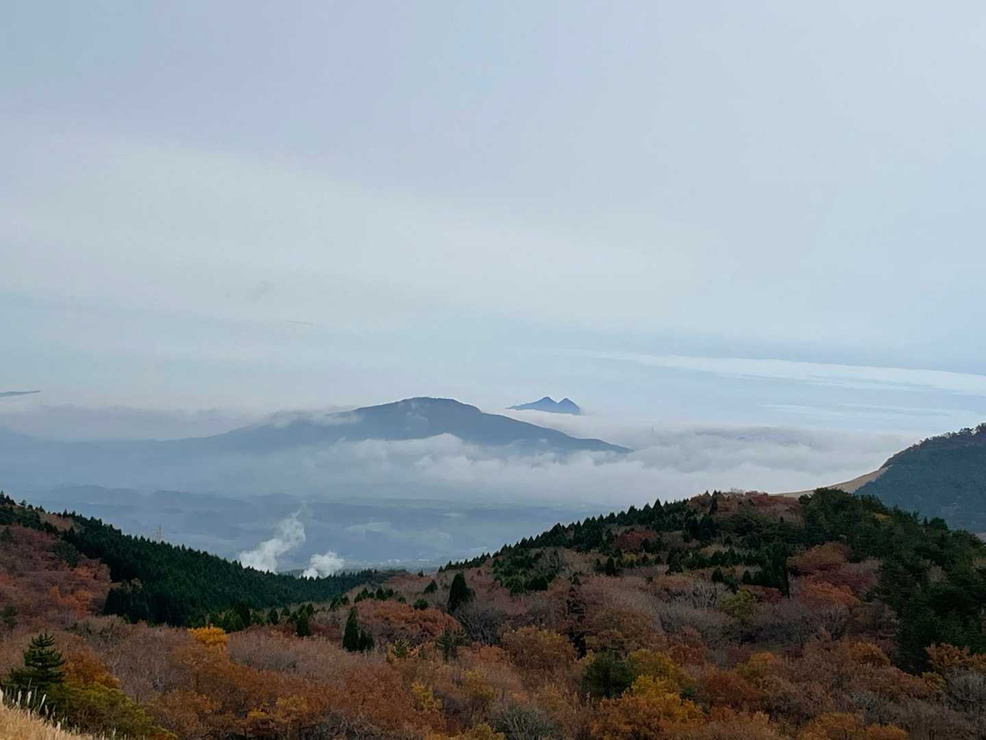 登りの途中、雲の上に浮かぶ由布岳が見えました