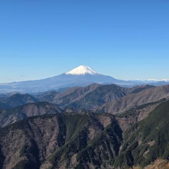 三ノ塔山頂から大倉尾根、富士山🗻。
昨日（2026/1/11）堀山付近で山火事が発生したが、現時点で煙は収まっている模様。