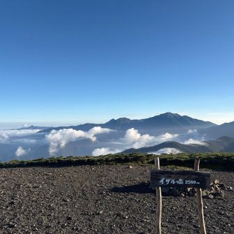さて帰らねば。こんな気持ち良いイザルガ岳からの光景。見ていて全然飽きない。聖岳は風格すら感じるなー｡右は上河内だな