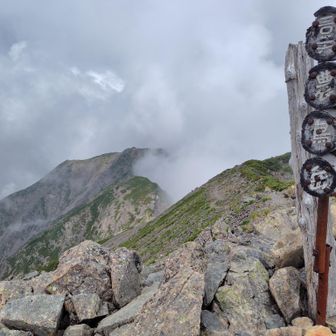 間ノ岳から広河原に降りる人が多いようで、この辺は人が少なく静かです。ようやく三山たどり着きました。
これ以降はひたすら下りです。スライドした人（奈良田から登ってくる人）にリスペクトしながら挨拶しました。
大門沢小屋から下山中にクマ情報教えてもらいましたが、会いませんでした🐻