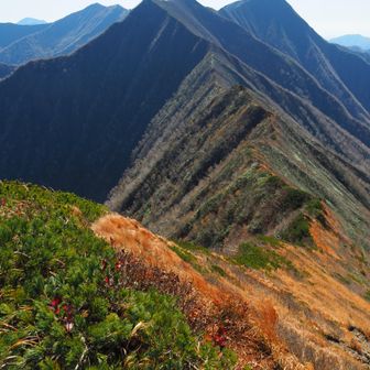 忘れちゃいかん ─── 
山頂は小砂利が平に敷き詰められたビバーク地なので裸足で南の際まで歩いて「悪名高きりんご畑」の稜線を見下ろした。