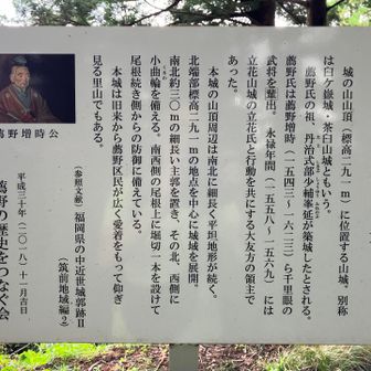 これもAIで文字起こし

薦野城の由来
城の山山頂（標高291m）に位置する山城。別称は白ヶ嶽城・茶臼山城ともいう。
薦野氏の祖、丹治式部少輔兼延が築城したとされる。薦野氏は薦野増時（1543～1613）ら千里眼の武将を輩出。永禄年間（1558～1569）には立花山城の立花氏と行動を共にする大友方の領主であった。
本城の山頂周辺は南北に細長く平坦地形が続く。北端部標高291mの地点を中心に城域を展開。南北約300mの細長い主郭を置き、その北、西側に小曲輪を備える。南西側の尾根上に堀切一本を設けて尾根続き側からの防御に備えている。
本城は旧来から薦野区民が広く愛着をもって仰ぎ見る里山でもある。

薦野増時公
（参照文献）福岡県の中近世城郭跡Ⅱ（筑前地域編2）

平成三十年（2018）十一月吉日
薦野の歴史をつなぐ会
薦野生産森林組合