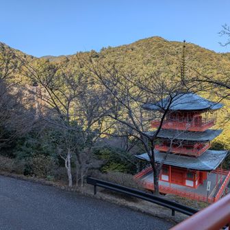 左に三重塔と遠くに那智の滝