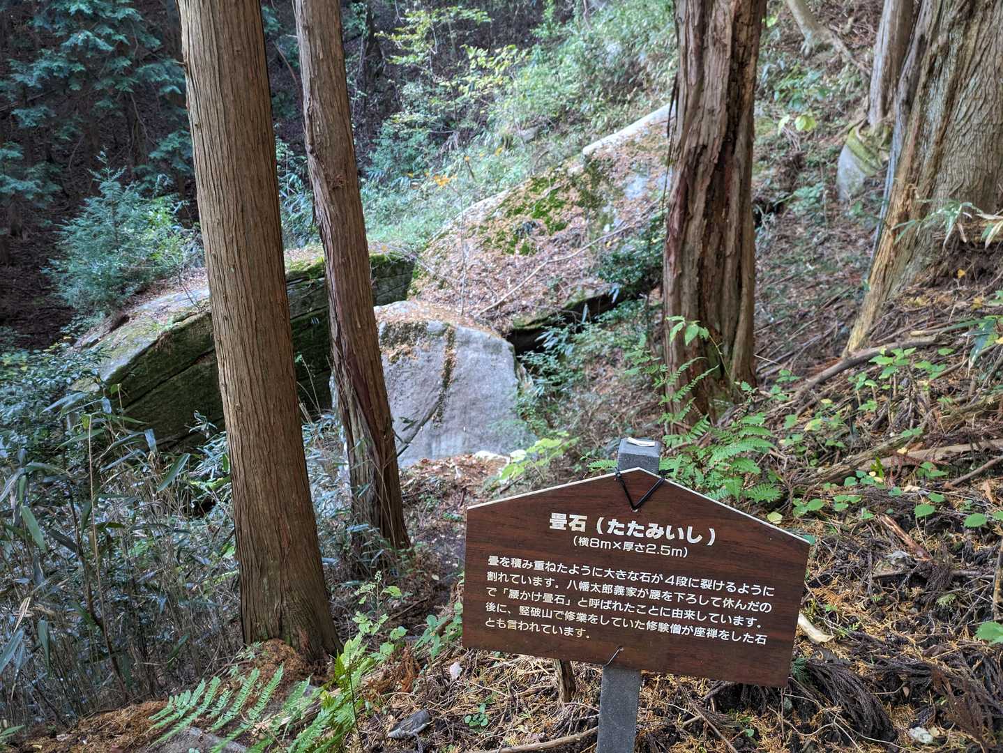 義家が腰を下ろして休んだという畳石。これもデカい。義家さんの身長は5メートルくらいあったのかな…