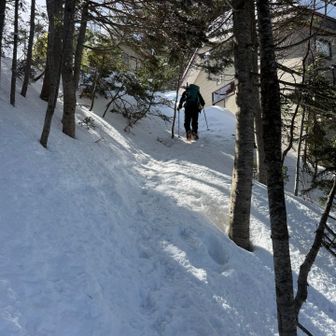 しばらく進むと避難小屋。あれ？去年は上の岩を伝って着いたけど、今回は下から小屋に登り上がる。こちらが本当のルートなのか？